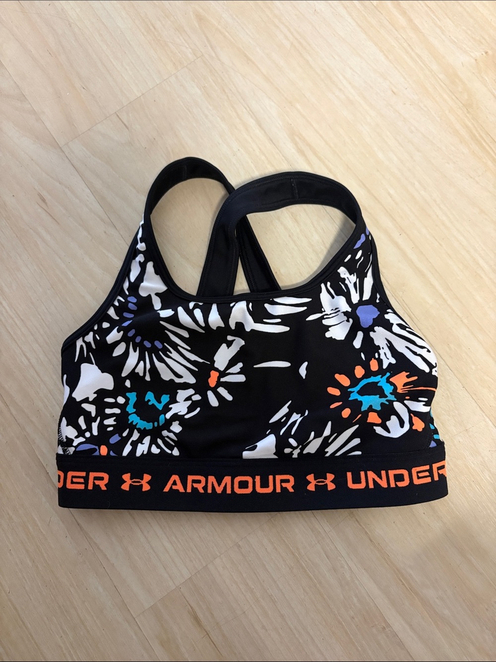 Under Armour Black Floral-Print Sports Bra with Orange Logo